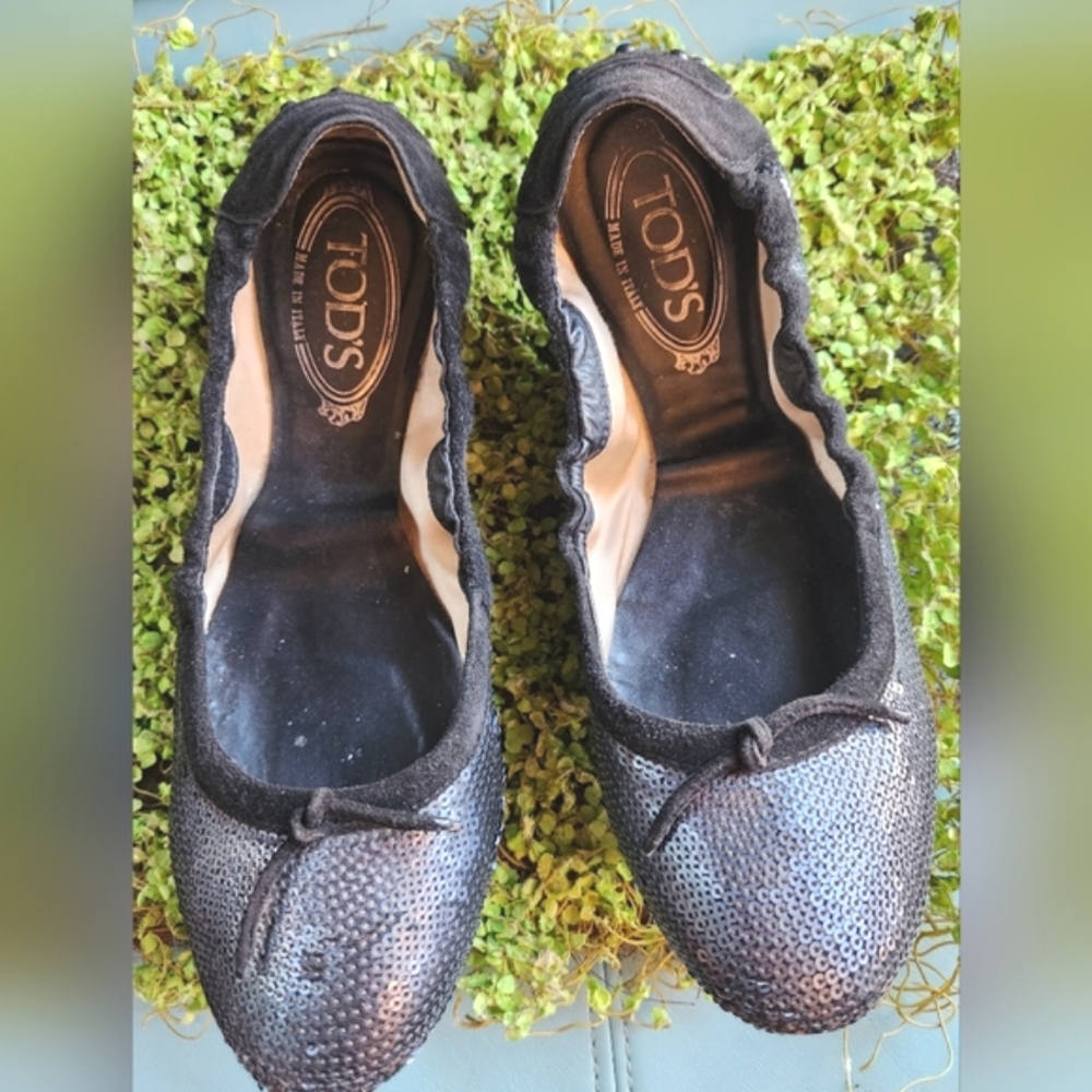 TOD'S Charcoal Sparkly Sequins Grey Glitzy Driving Moccasins Ballet Flats Shoes